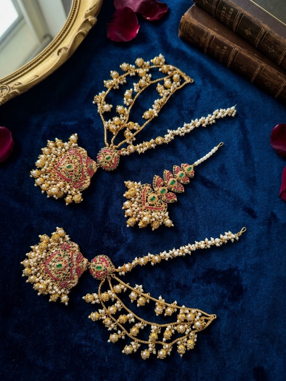 Pakistani Jewlery Gold and Green Traditional Jadau Bridal Earrings and Tikka Set